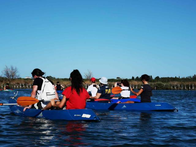 Canoisti pagaiano nelle acque pialassa